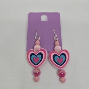 NWT Handcrafted Pink Stripe Heart Silicone Beaded French Hook Earrings
